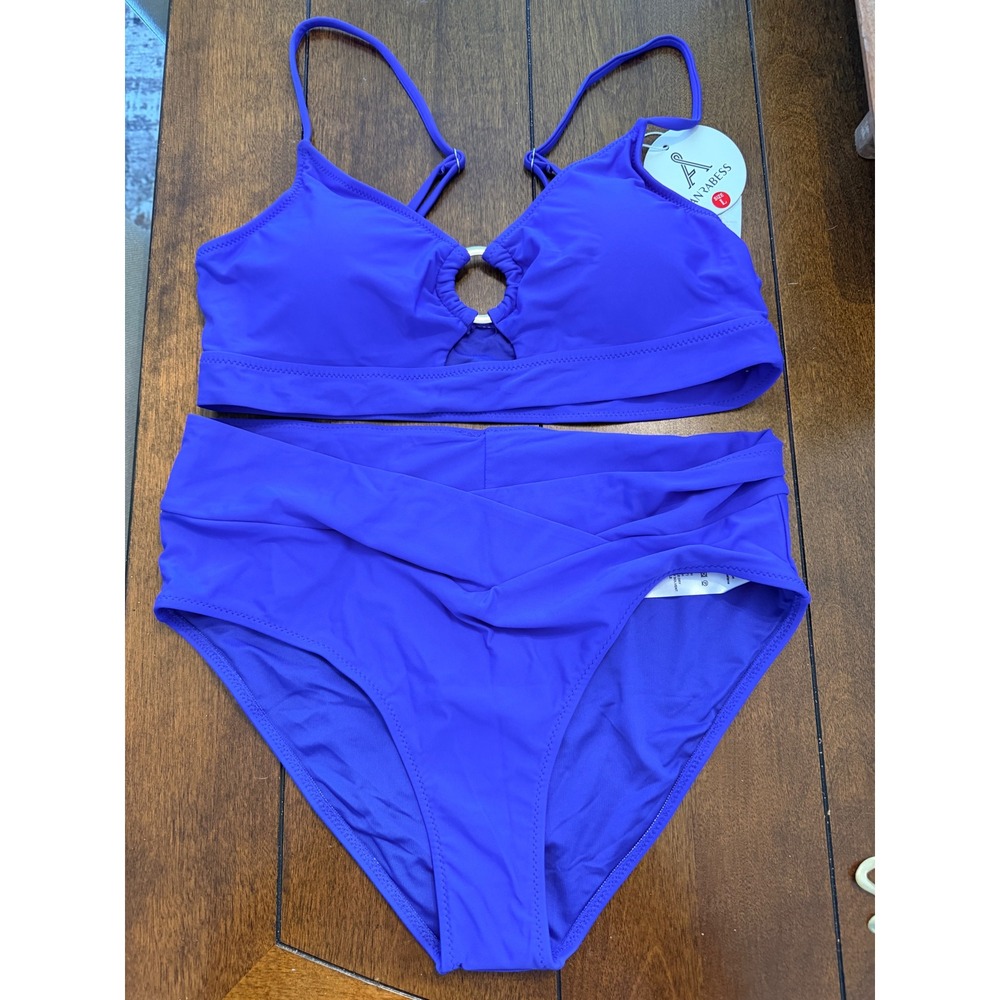 Women Royal Blue O-Ring High Waisted Bikini Set Size L NEW